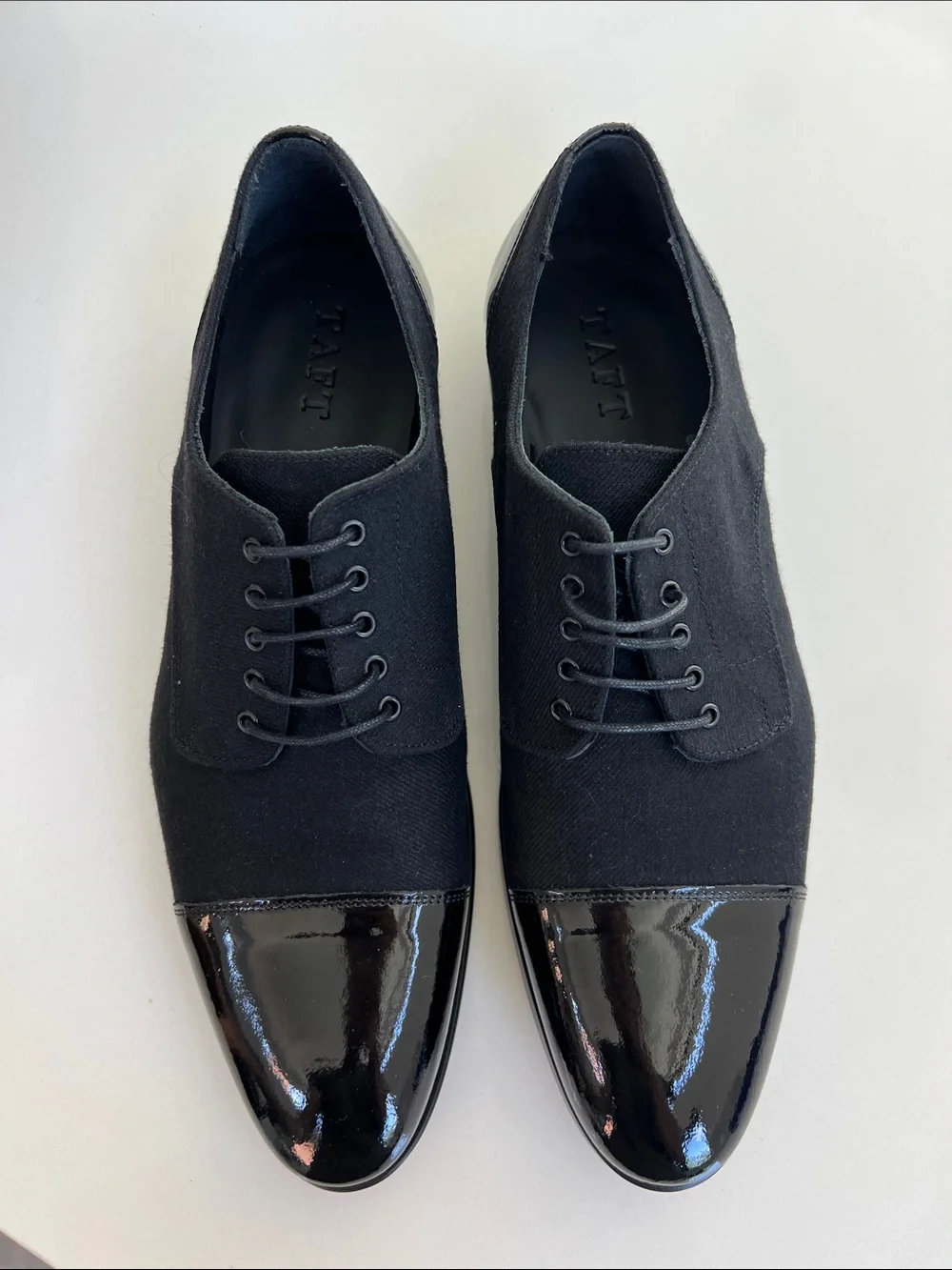 TAFT the Jack shoes in tux black canvas and patent leather toe cap oxford 43 10